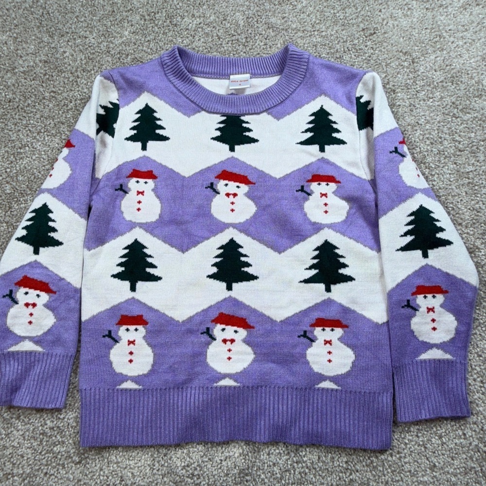 Cute Crew Kids Purple Snowman Pine Tree Holiday Knit Pullover Sweater Size 4‎